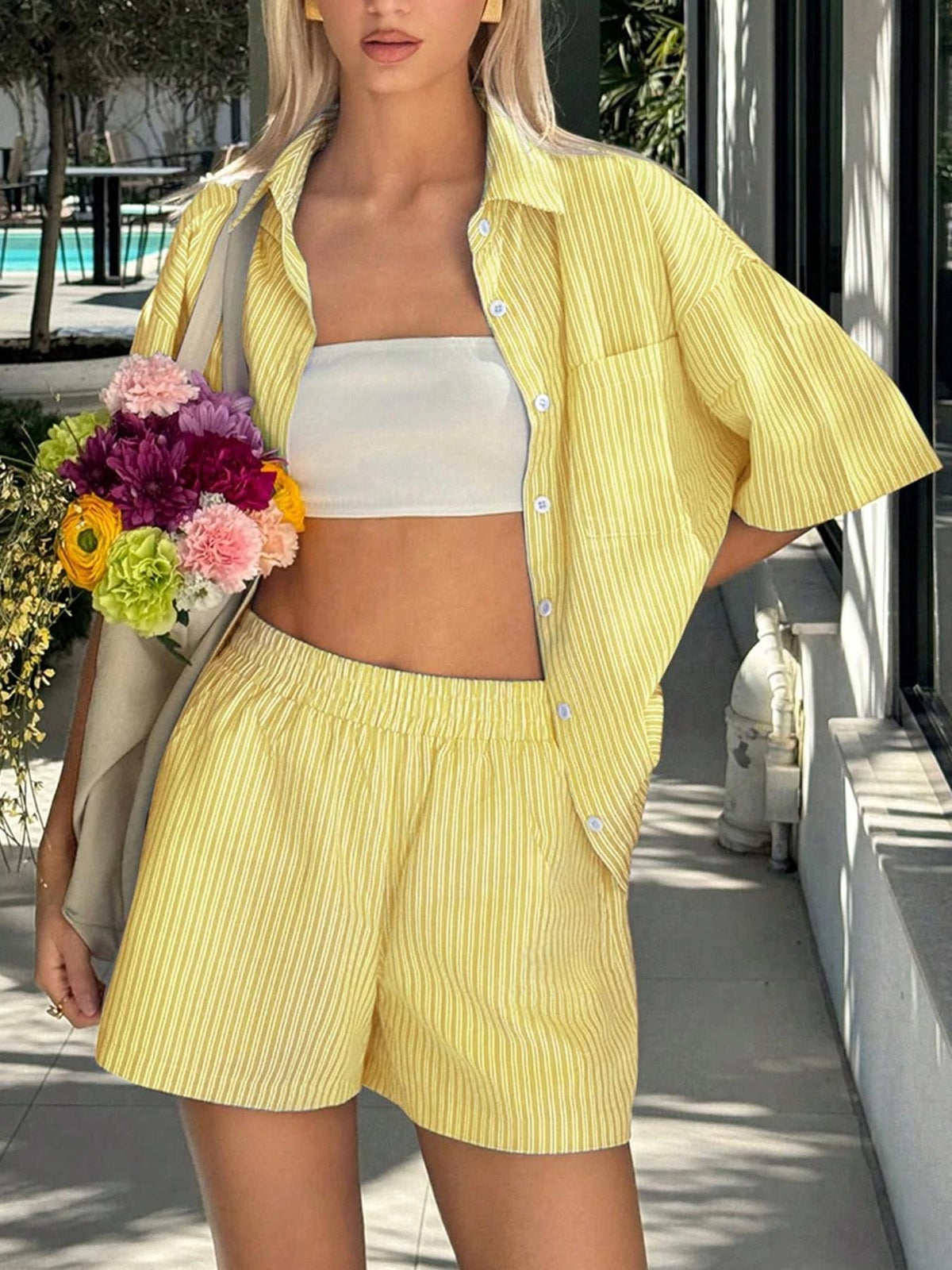 Bow Back Striped Shirt and Shorts Set - Yellow - 5