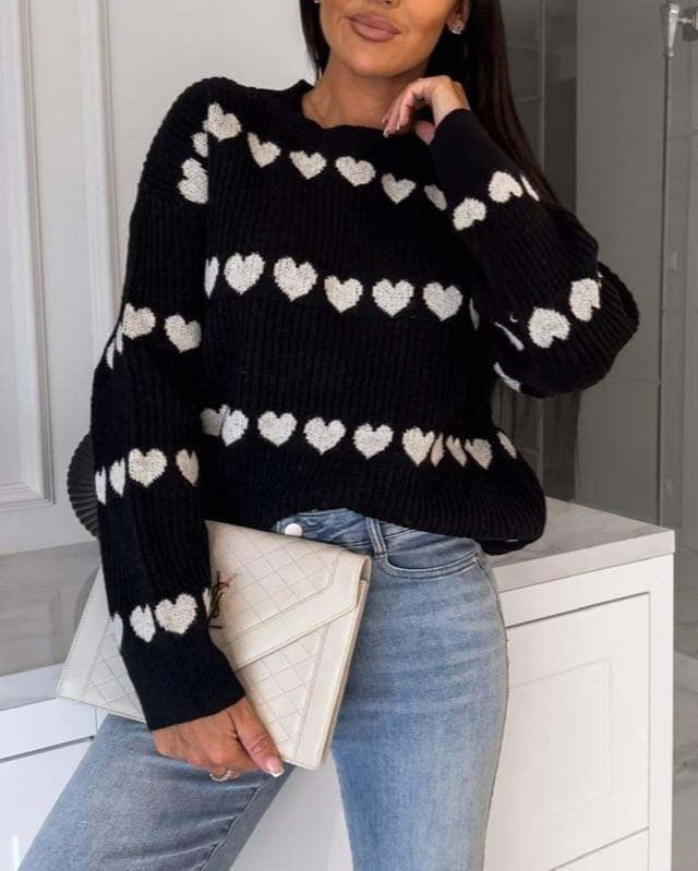 Heart Jacquard Crew Neck Knit Sweater - Black