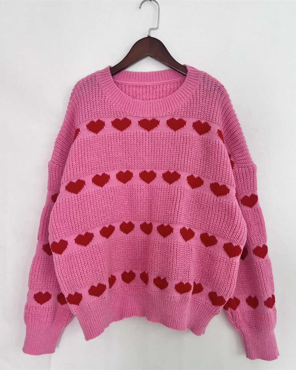 Heart Jacquard Crew Neck Knit Sweater - Pink