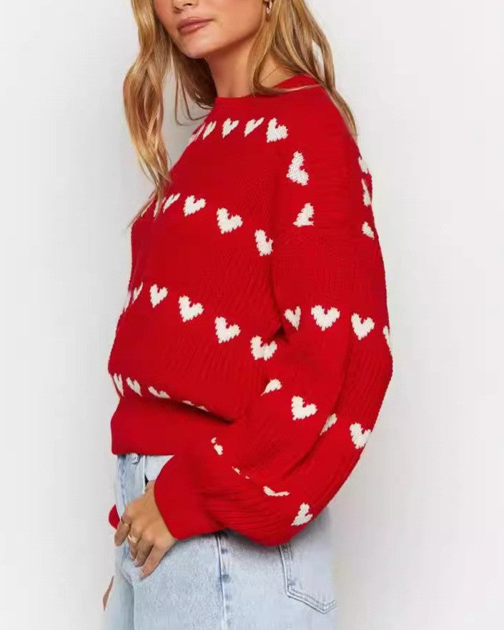 Heart Jacquard Crew Neck Knit Sweater - Red - 1