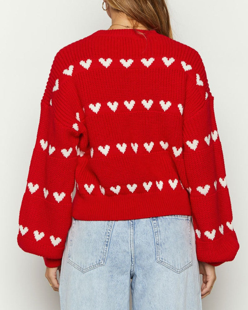 Heart Jacquard Crew Neck Knit Sweater - Red - 2