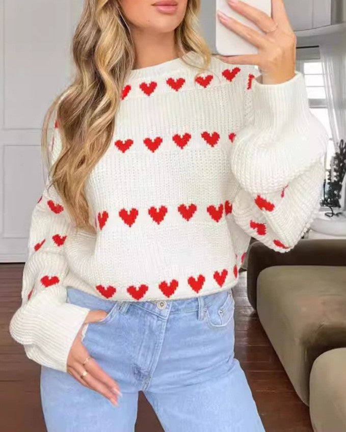 Heart Jacquard Crew Neck Knit Sweater - White
