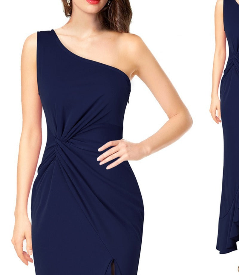 One Shoulder Twist Front Ruffle Slit Maxi Dress - Navy