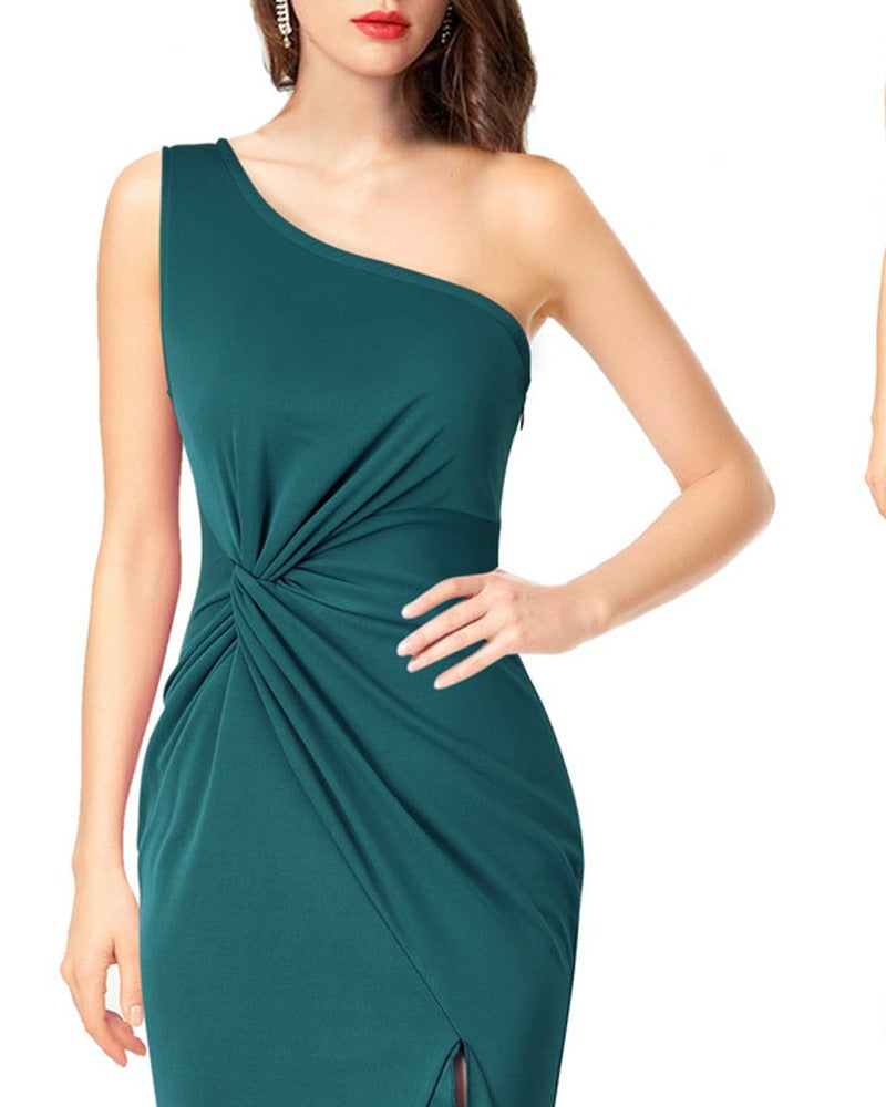 One Shoulder Twist Front Ruffle Slit Maxi Dress - Teal