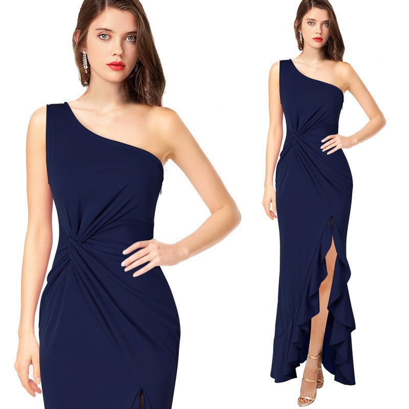 One Shoulder Twist Front Ruffle Slit Maxi Dress