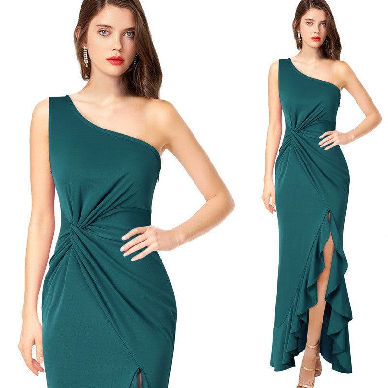 One Shoulder Twist Front Ruffle Slit Maxi Dress