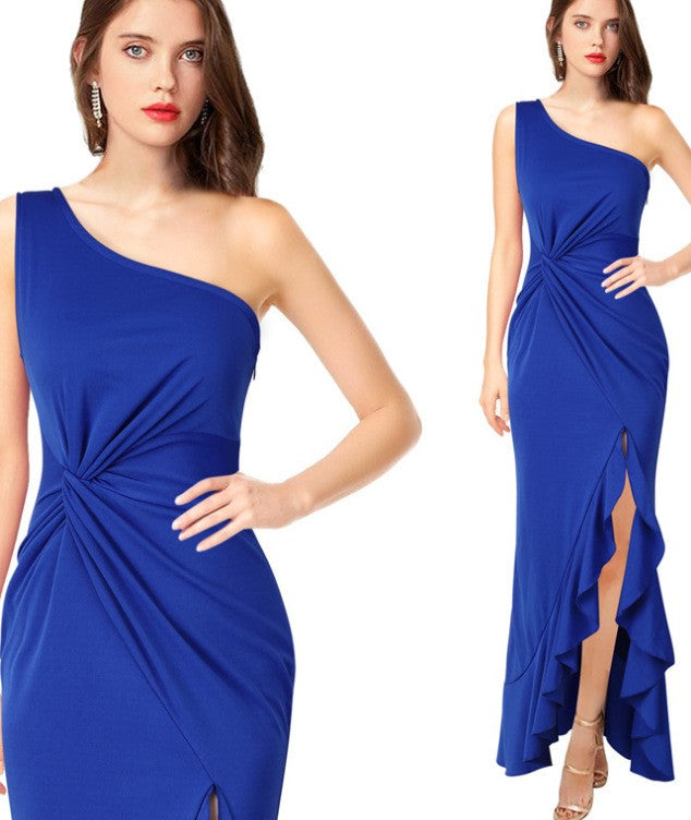 One Shoulder Twist Front Ruffle Slit Maxi Dress