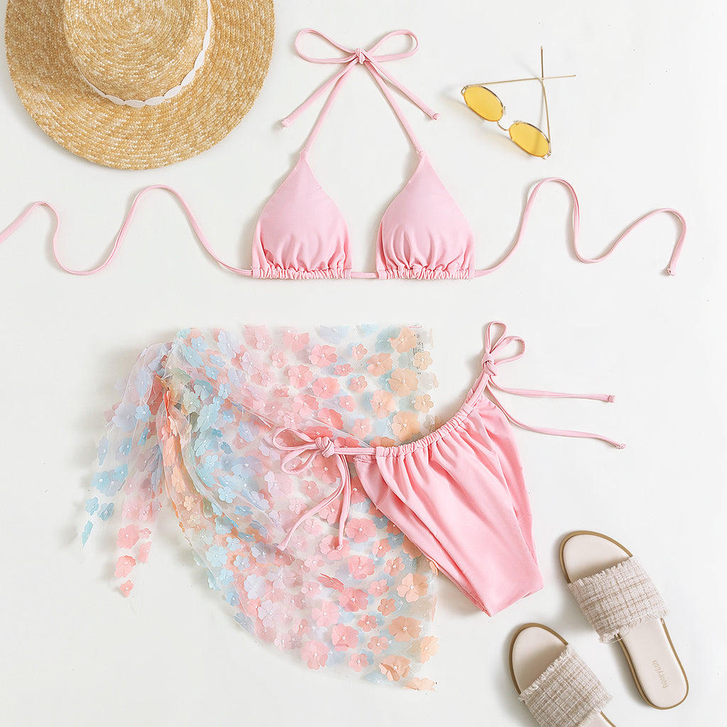 Floral Tulle Skirt Triangle Bikini Set - Pink - 2