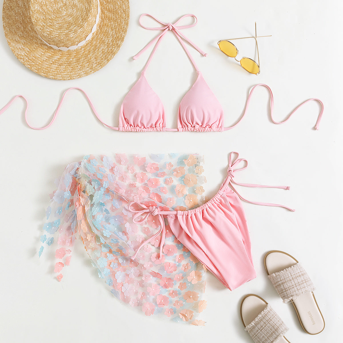 Floral Tulle Skirt Triangle Bikini Set - Pink - 2