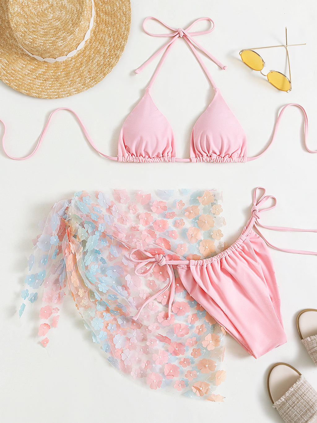 Floral Tulle Skirt Triangle Bikini Set - Pink - 3