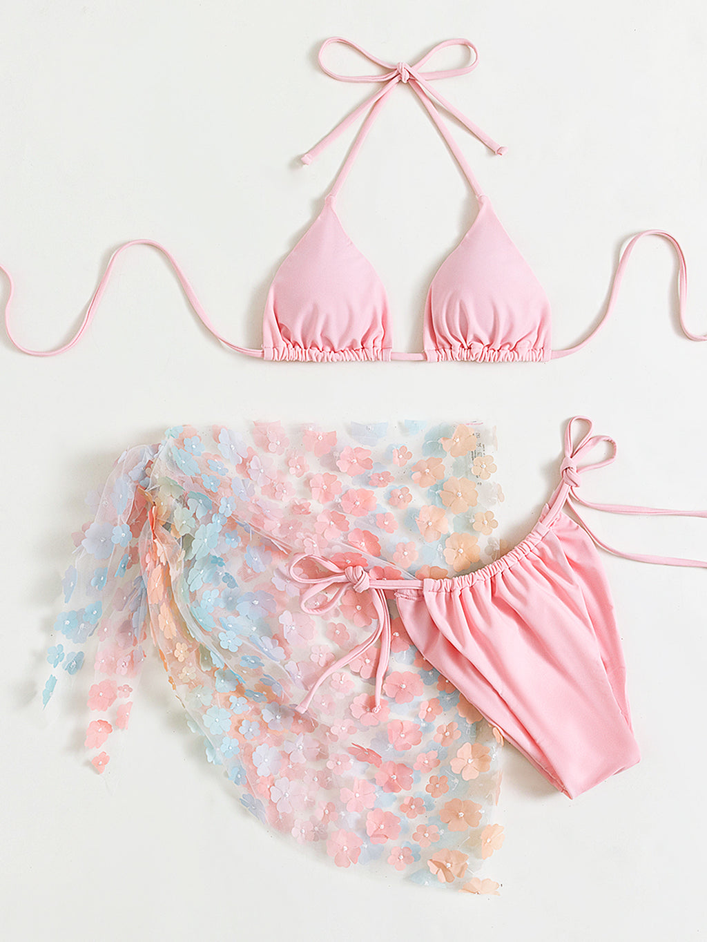 Floral Tulle Skirt Triangle Bikini Set - Pink - 4