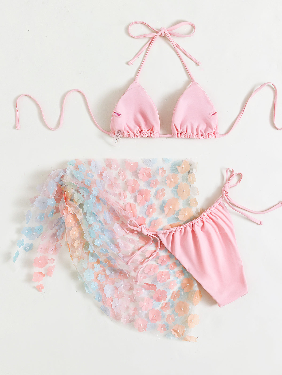 Floral Tulle Skirt Triangle Bikini Set - Pink - 7