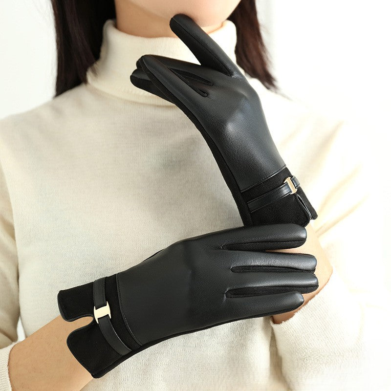 Bow Trim Faux Leather Winter Gloves - Black
