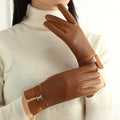 Bow Trim Faux Leather Winter Gloves - Caramel