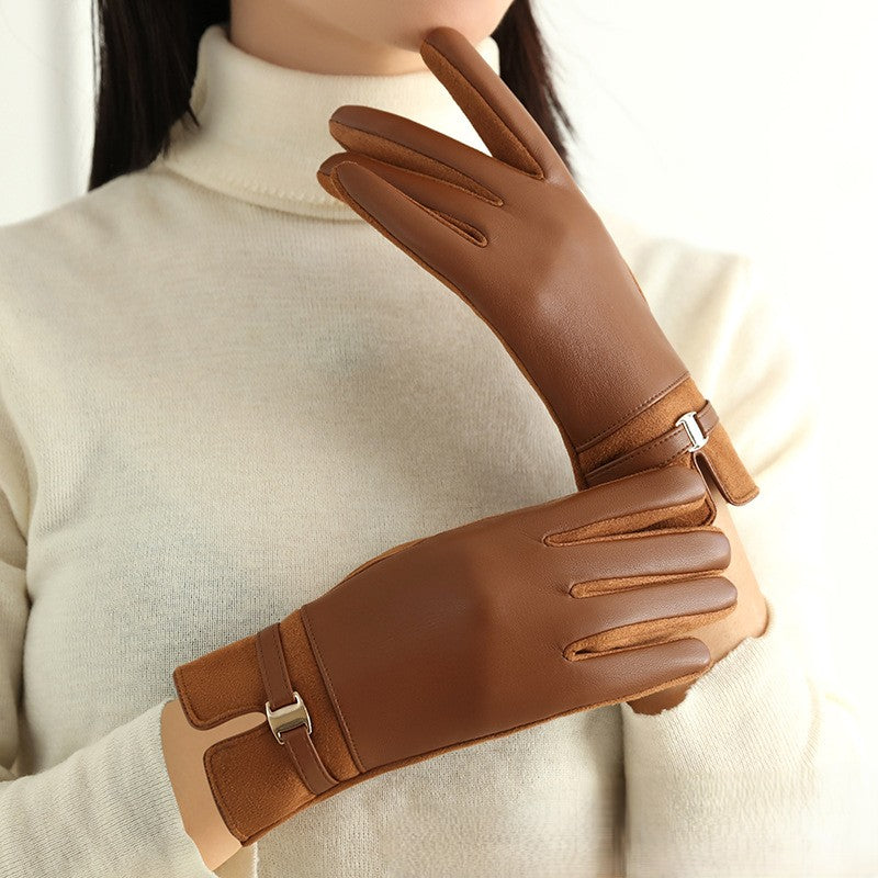 Bow Trim Faux Leather Winter Gloves - Caramel