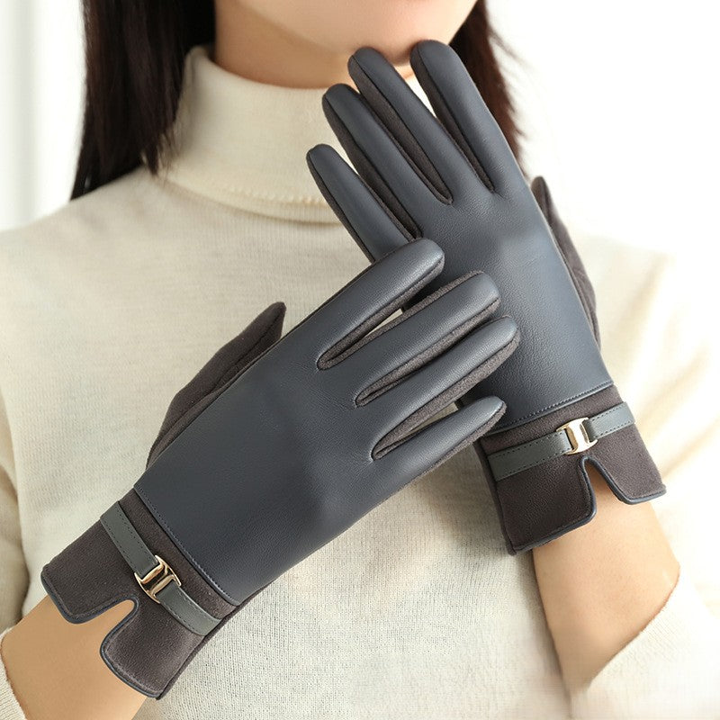 Bow Trim Faux Leather Winter Gloves - Grey