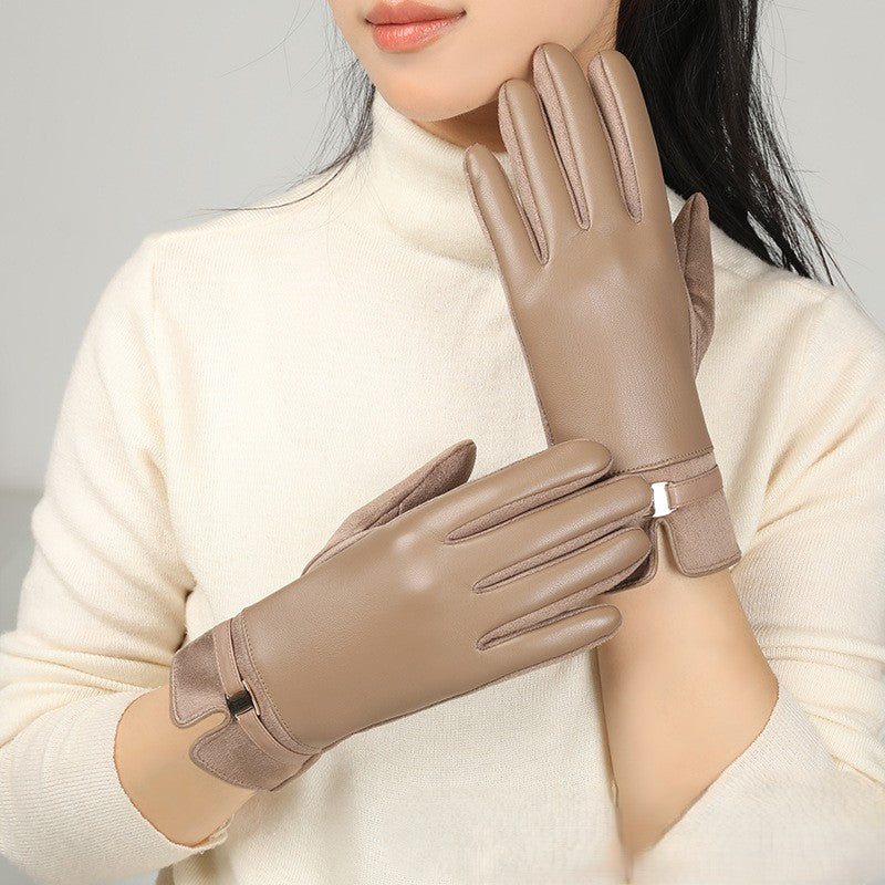 Bow Trim Faux Leather Winter Gloves - Khaki