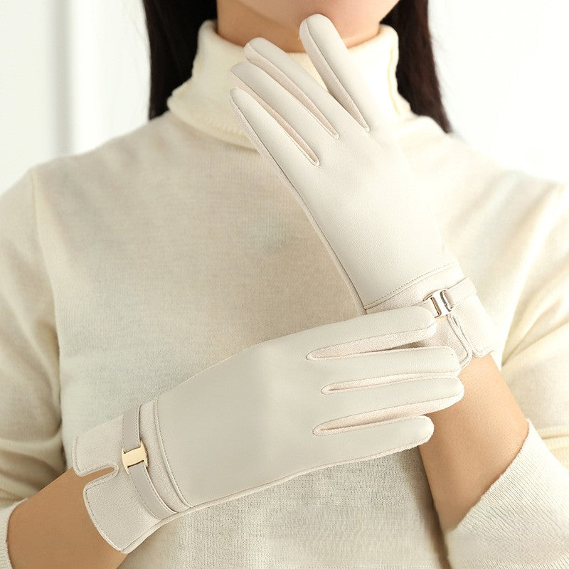 Bow Trim Faux Leather Winter Gloves - OffWhite