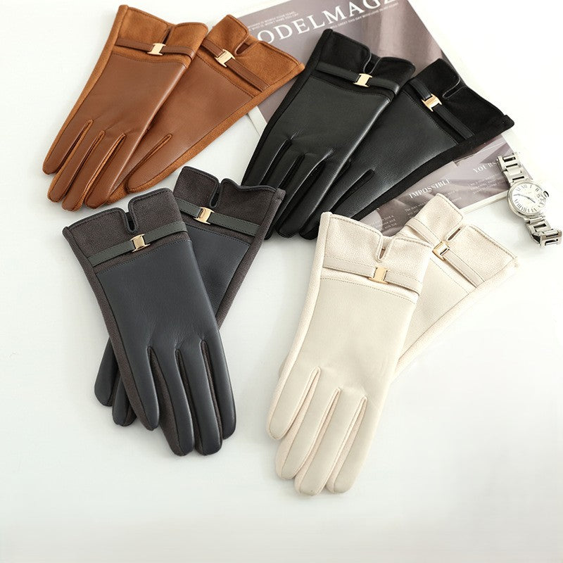 Bow Trim Faux Leather Winter Gloves
