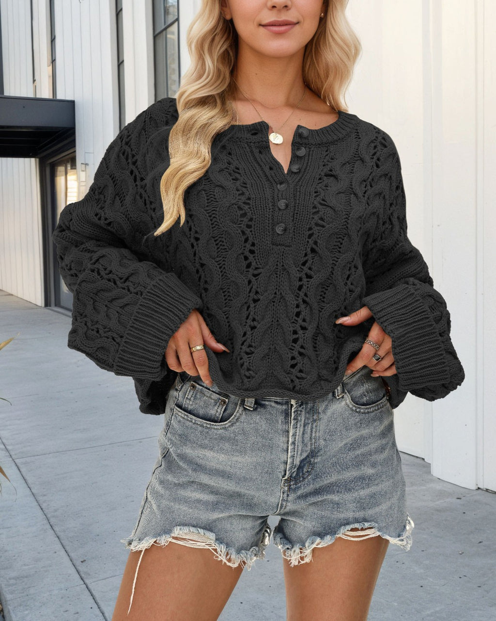 Buttoned Henley Pointelle Knit Sweater - Black