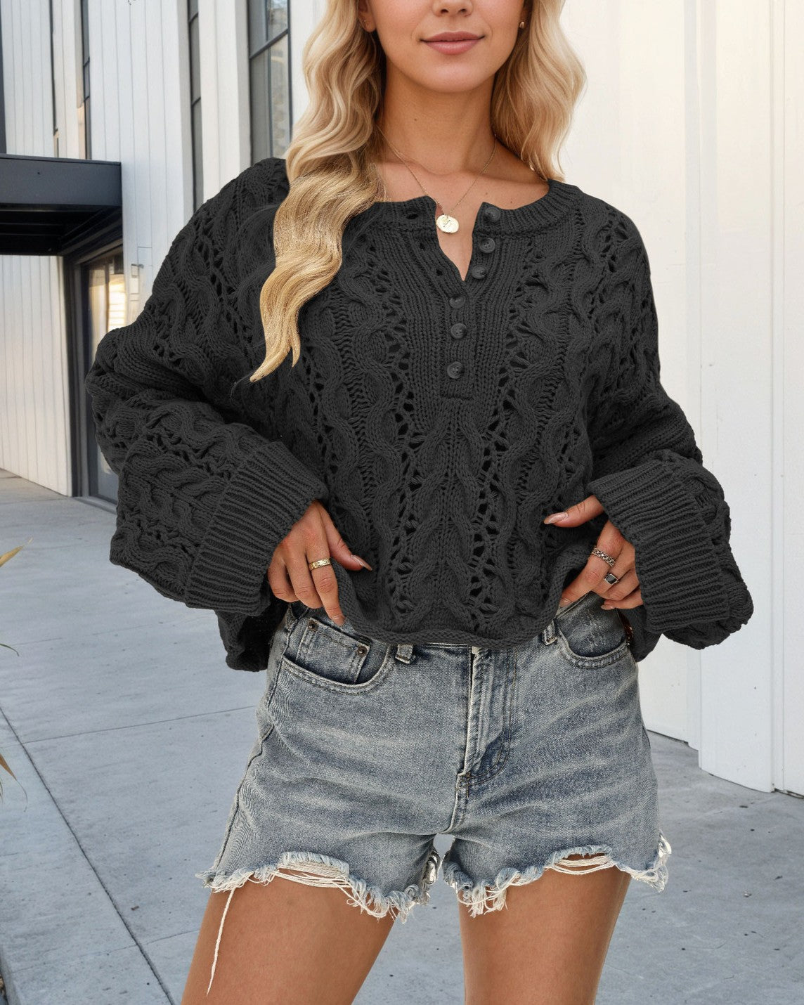 Buttoned Henley Pointelle Knit Sweater - Black