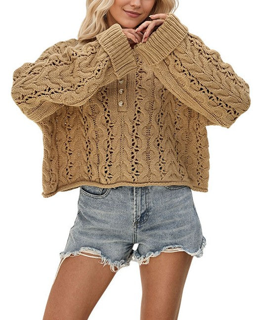 Buttoned Henley Pointelle Knit Sweater - Khaki - 1