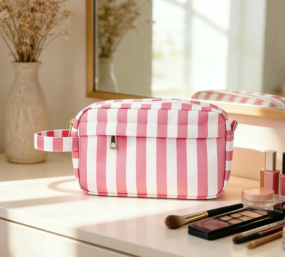 Vertical Stripe Canvas Toiletry Pouch - Pink lifestyle