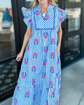 Flutter Sleeve Striped Floral Maxi Dress - Blue