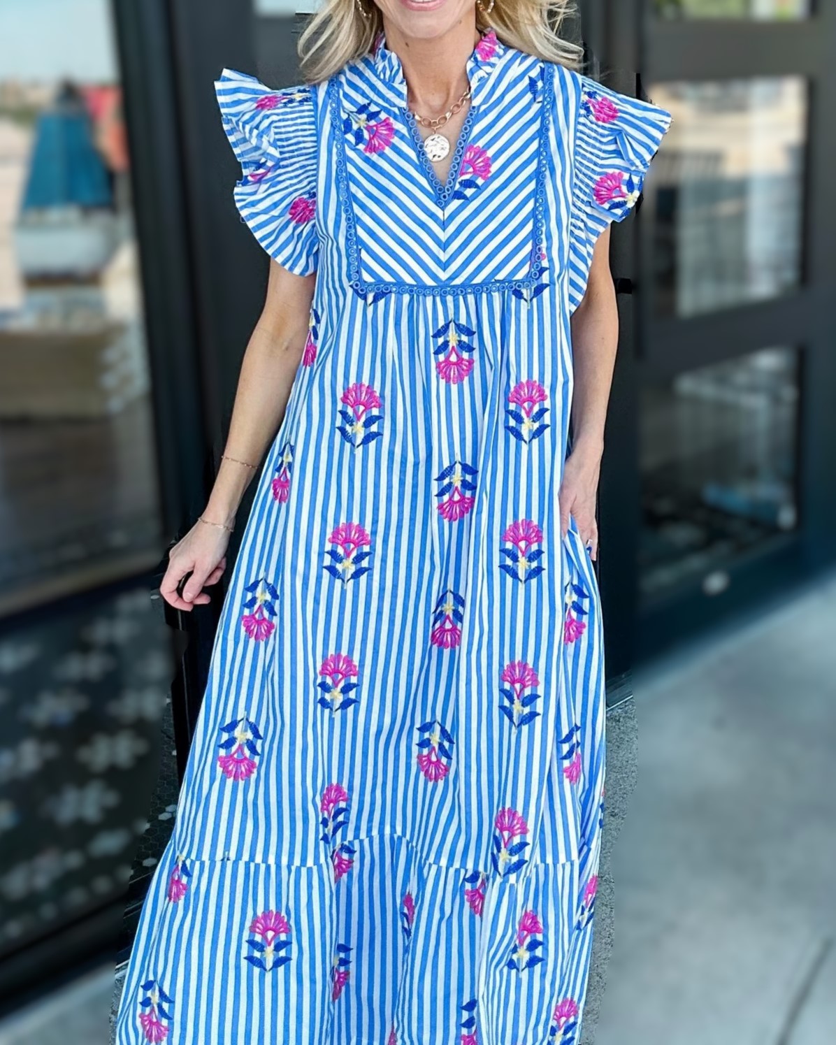 Flutter Sleeve Striped Floral Maxi Dress - Blue