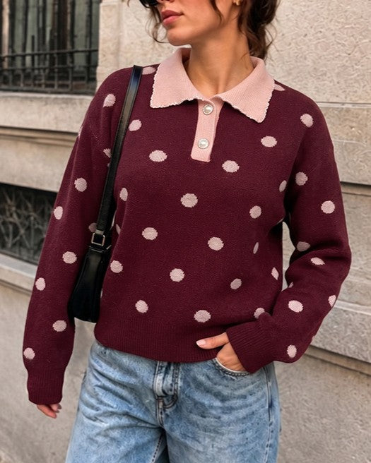 Red Polka Dot Half Button Polo Collar Knit Sweater - Red