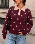 Red Polka Dot Half Button Polo Collar Knit Sweater - Red