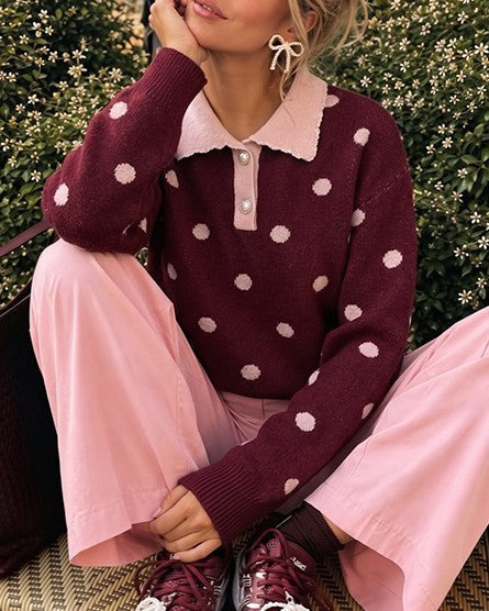 Red Polka Dot Half Button Polo Collar Knit Sweater - Red - 1