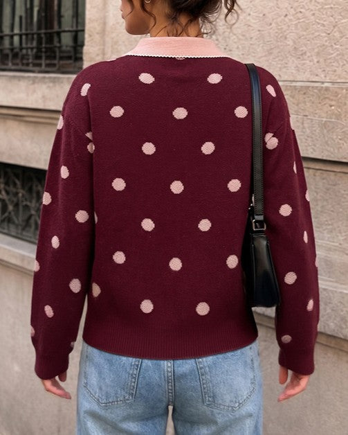 Red Polka Dot Half Button Polo Collar Knit Sweater - Red - 3