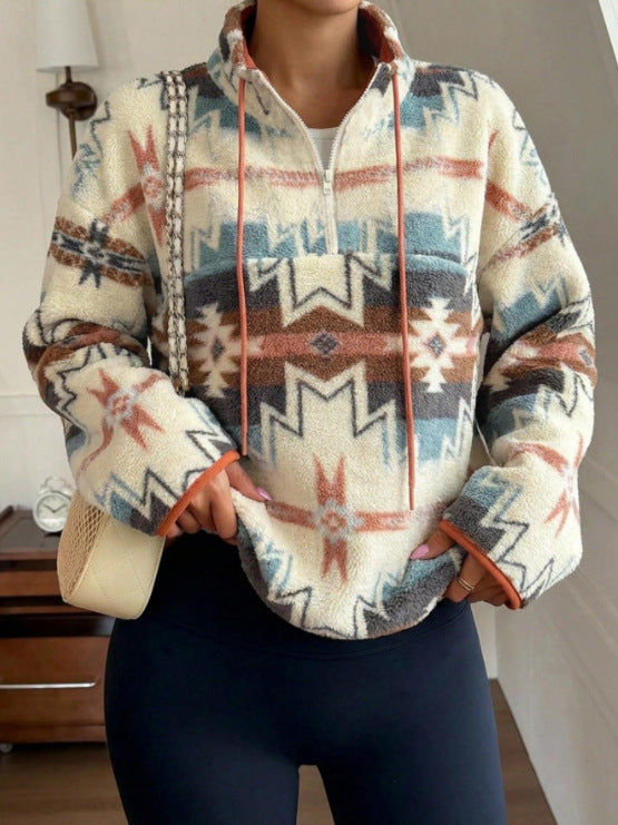 Aztec Half-Zip Fleece Sweatshirt With Drawstring Neck - Aztec