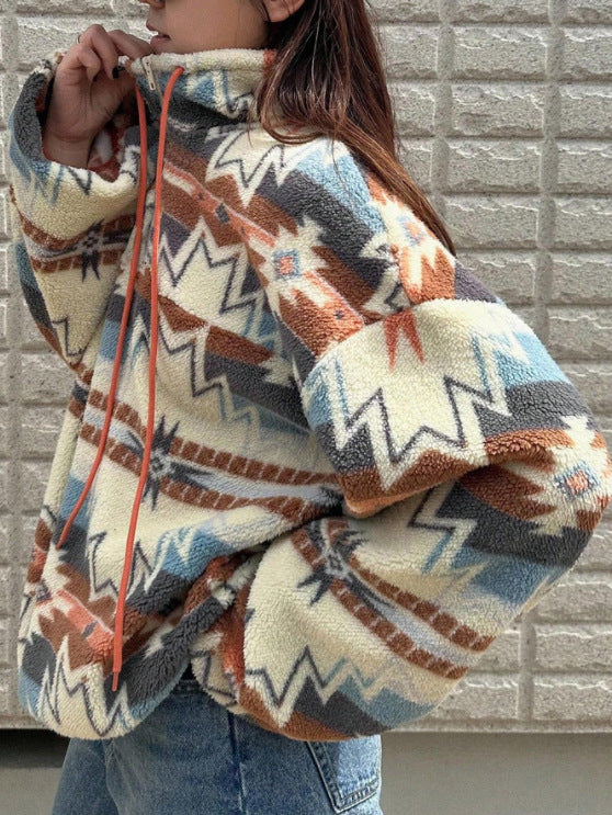 Aztec Half-Zip Fleece Sweatshirt With Drawstring Neck - Aztec - 1