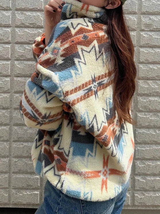 Aztec Half-Zip Fleece Sweatshirt With Drawstring Neck - Aztec - 2