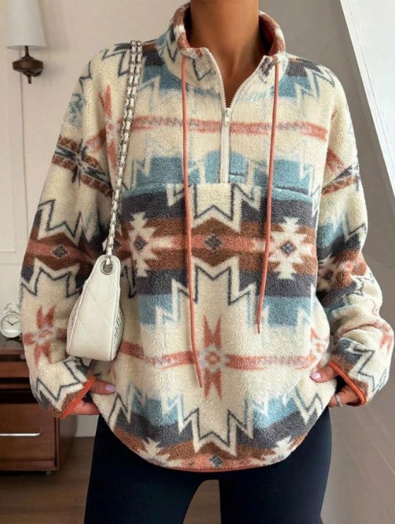 Aztec Half-Zip Fleece Sweatshirt With Drawstring Neck - Aztec - 3