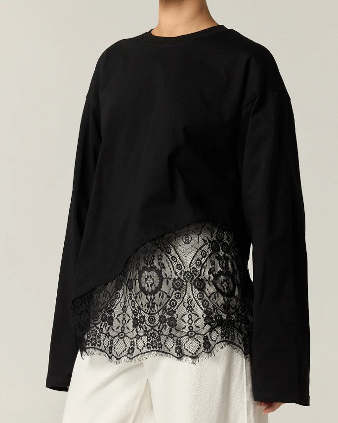Lace Trim Asymmetric Hem Long Sleeve Tee - Black