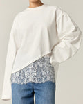 Lace Trim Asymmetric Hem Long Sleeve Tee - White