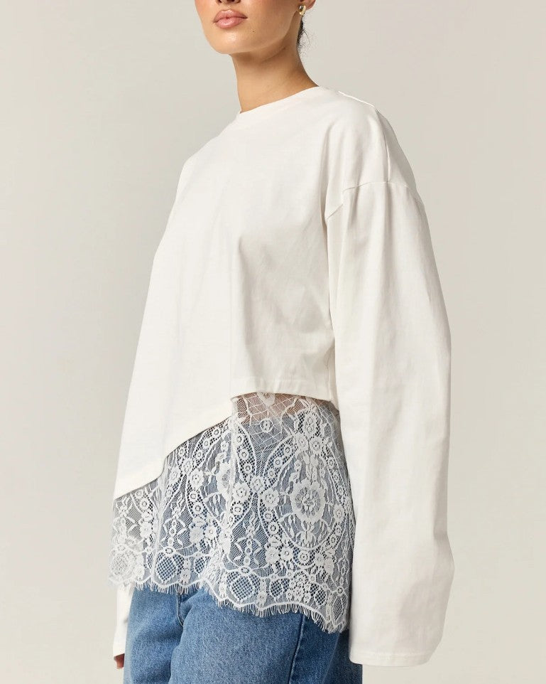 Lace Trim Asymmetric Hem Long Sleeve Tee - White - 1