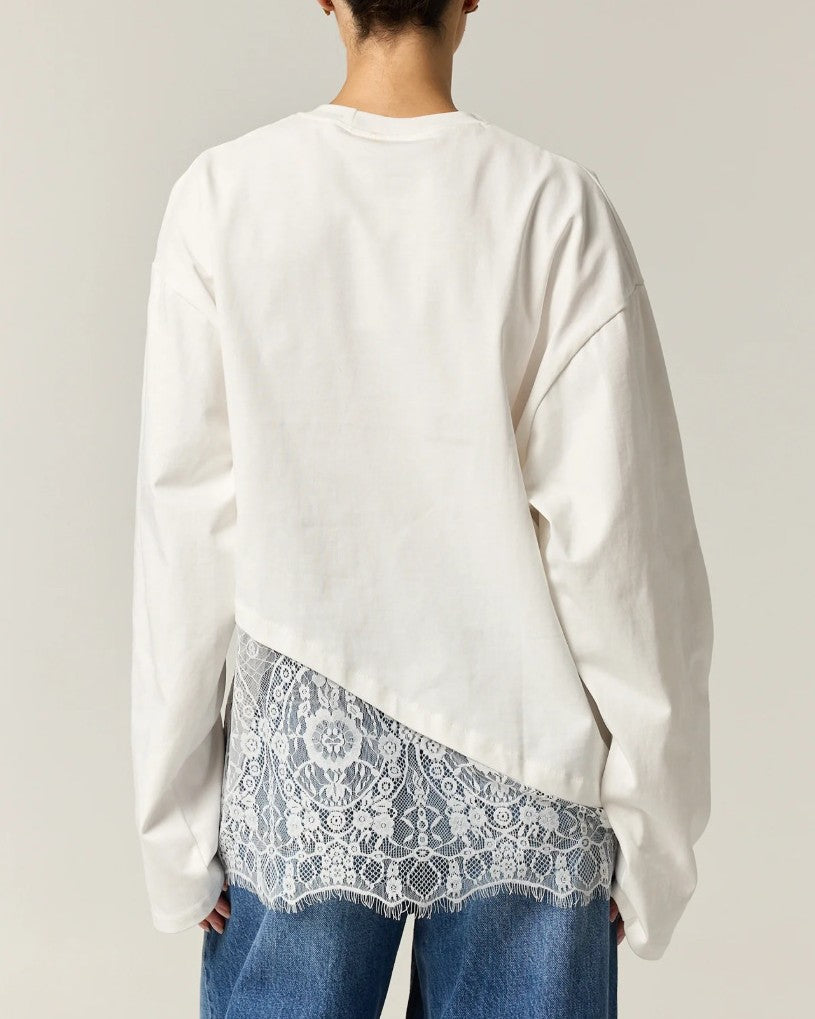 Lace Trim Asymmetric Hem Long Sleeve Tee - White - 2