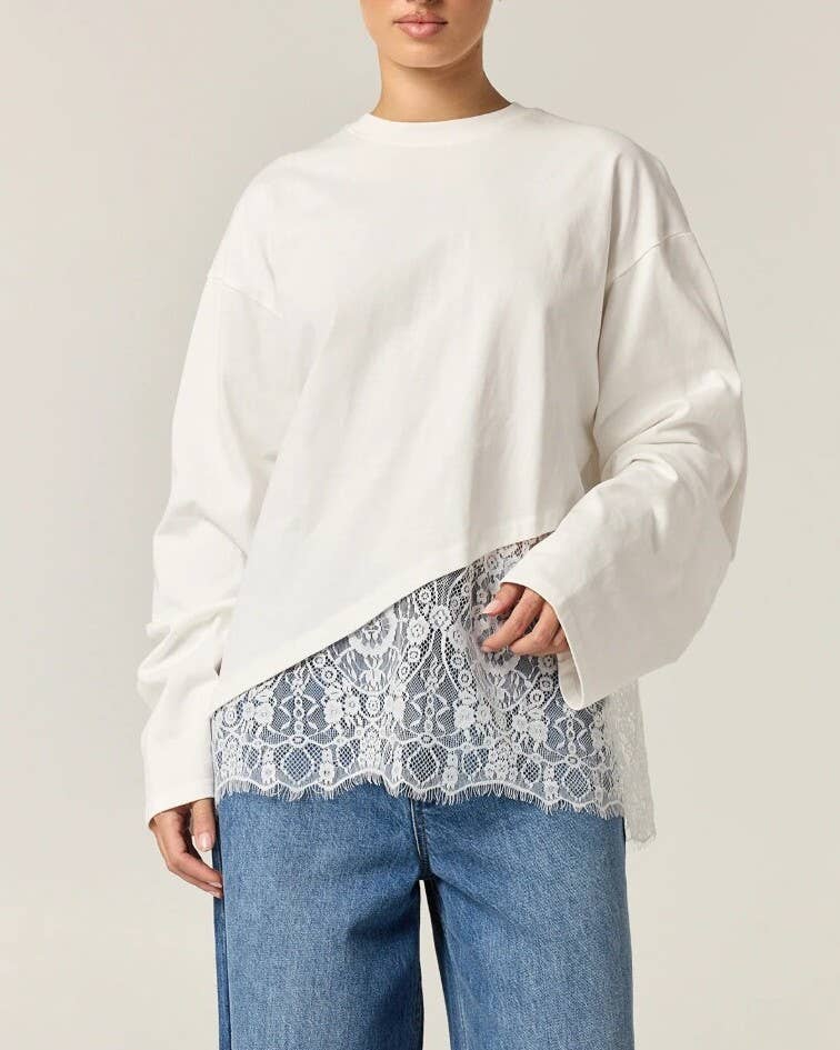 Lace Trim Asymmetric Hem Long Sleeve Tee