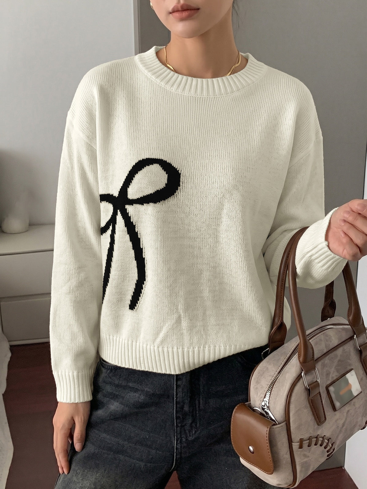 Bow Motif Oversized Crewneck Knit Sweater - Beige