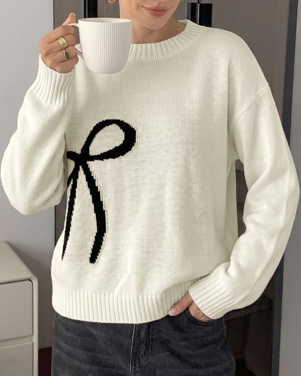 Bow Motif Oversized Crewneck Knit Sweater - Beige - 3