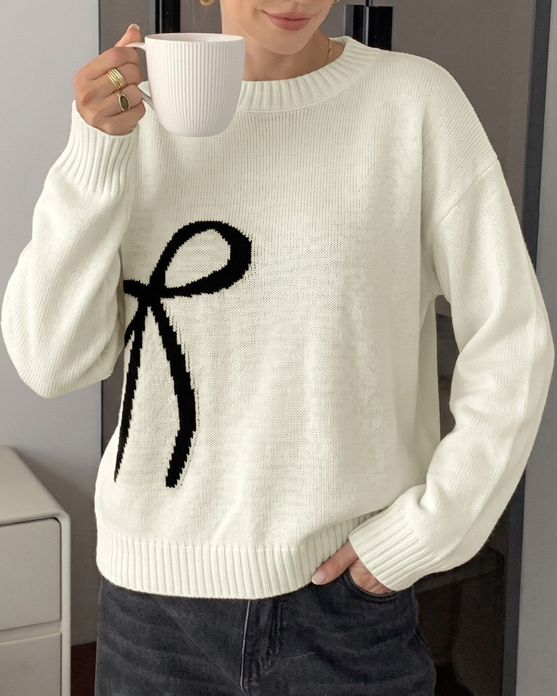 Bow Motif Oversized Crewneck Knit Sweater - Beige - 3
