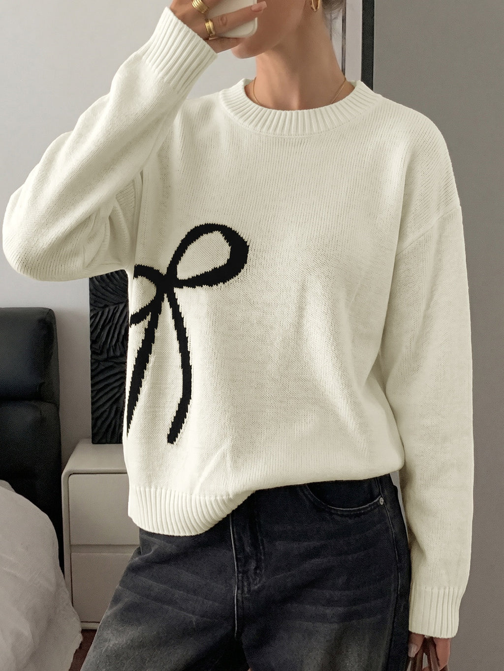 Bow Motif Oversized Crewneck Knit Sweater - Beige - 4