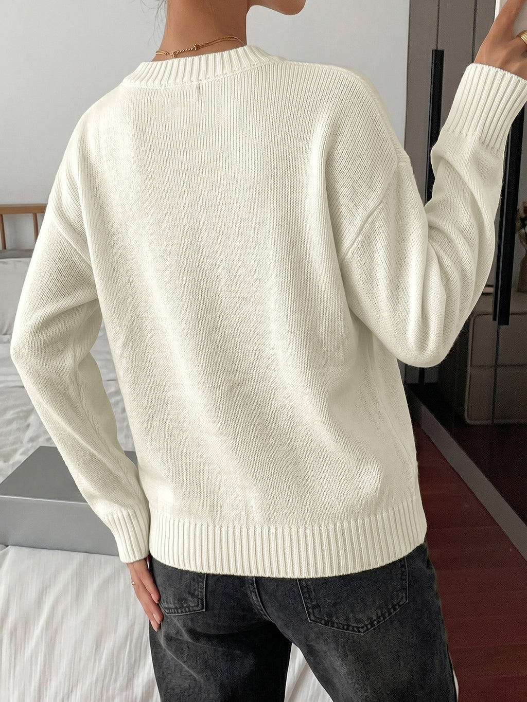 Bow Motif Oversized Crewneck Knit Sweater - Beige - 5
