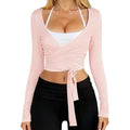Ballet Wrap Tie Cropped Long Sleeve Yoga Top - Pink