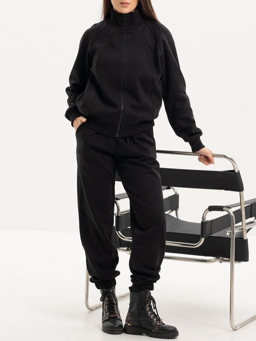 Brushed Fleece Zip Jacket And Jogger Set - Black