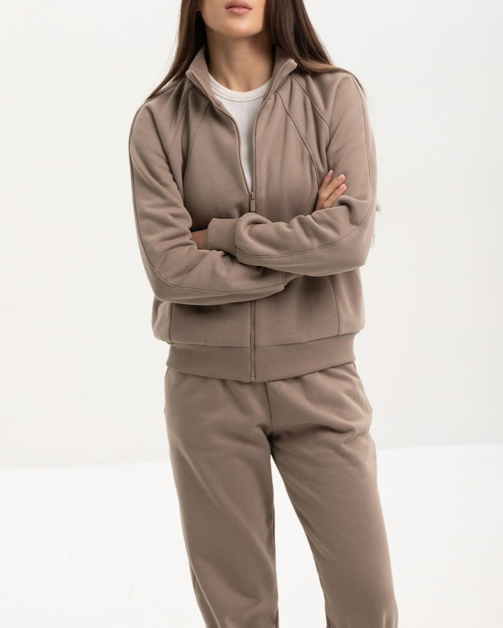 Brushed Fleece Zip Jacket And Jogger Set - Camel
